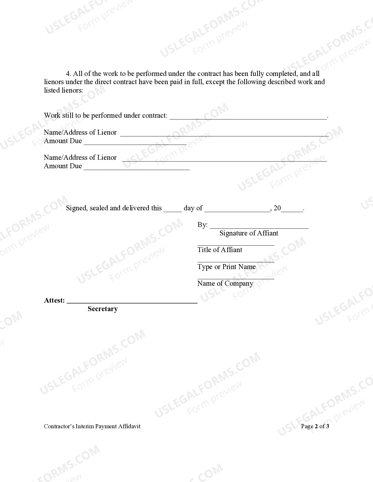 Preview Contractor's Interim Payment Affidavit - Corporation or LLC