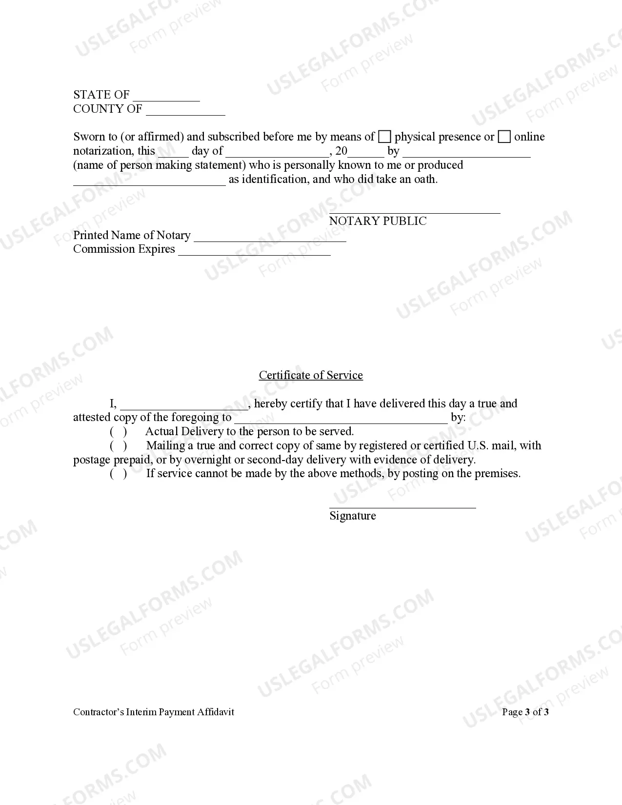 Preview Contractor's Interim Payment Affidavit - Corporation or LLC