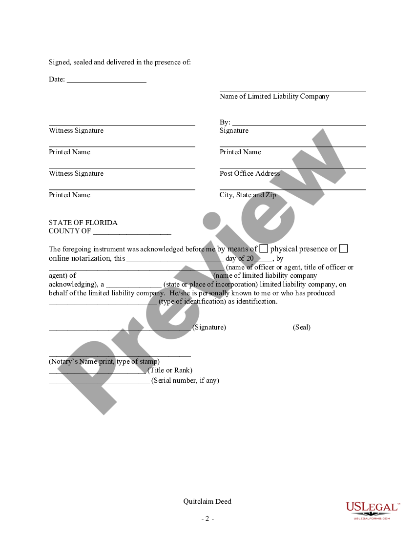 Orange Florida Quitclaim Deed Limited Liability Company To Husband And Wife Us Legal Forms 8924