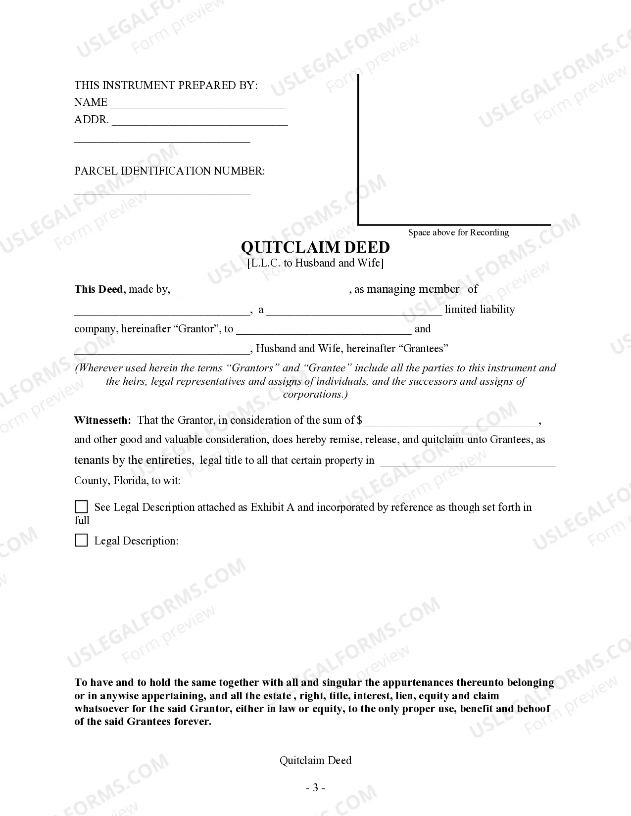 Preview Quitclaim Deed - Limited Liability Company to Husband and Wife