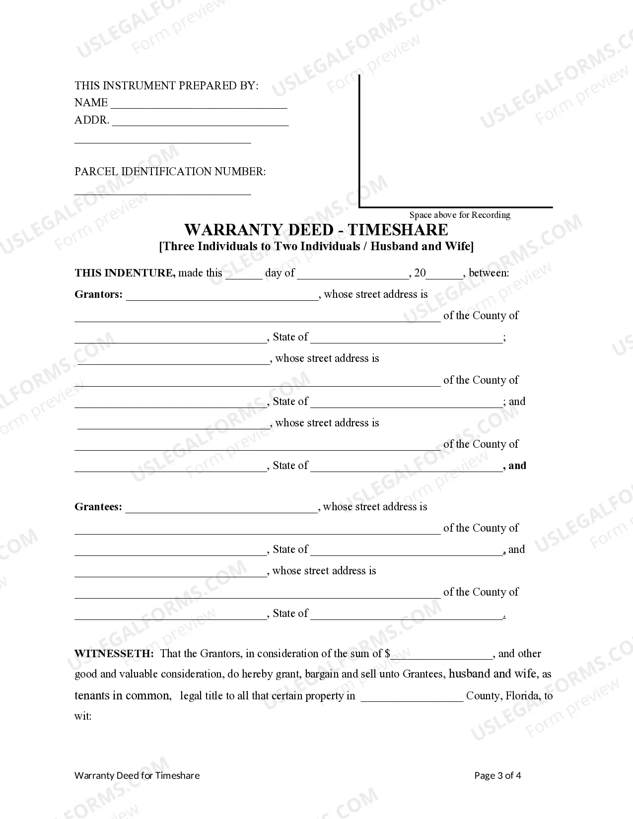 Preview Warranty Deed - Timeshare - Three Individuals to Husband and Wife / Two Individuals