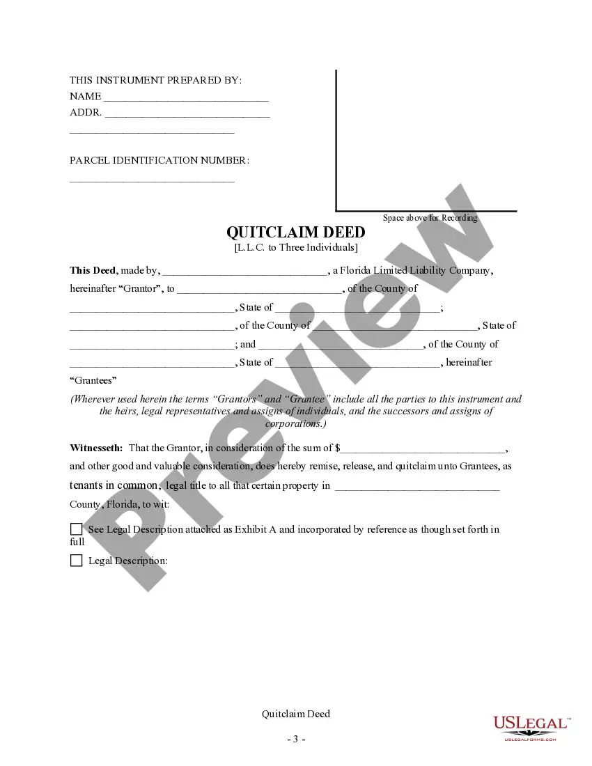 Preview Quitclaim Deed - Limited Liability Company to Three Individuals