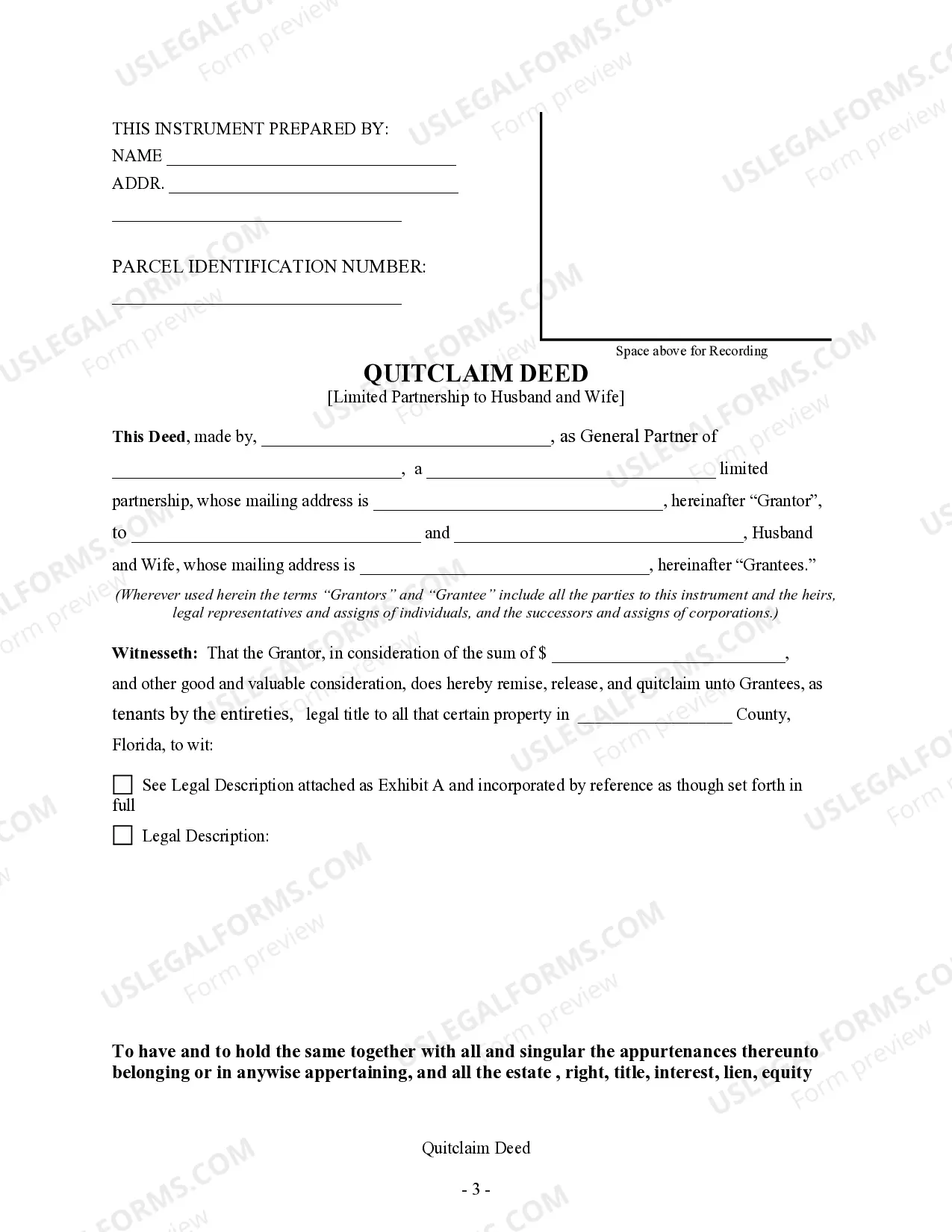 Preview Quitclaim Deed from a Limited Partnership to a Husband and Wife