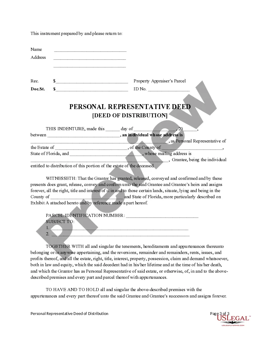 Preview Personal Representative's Deed of Distribution