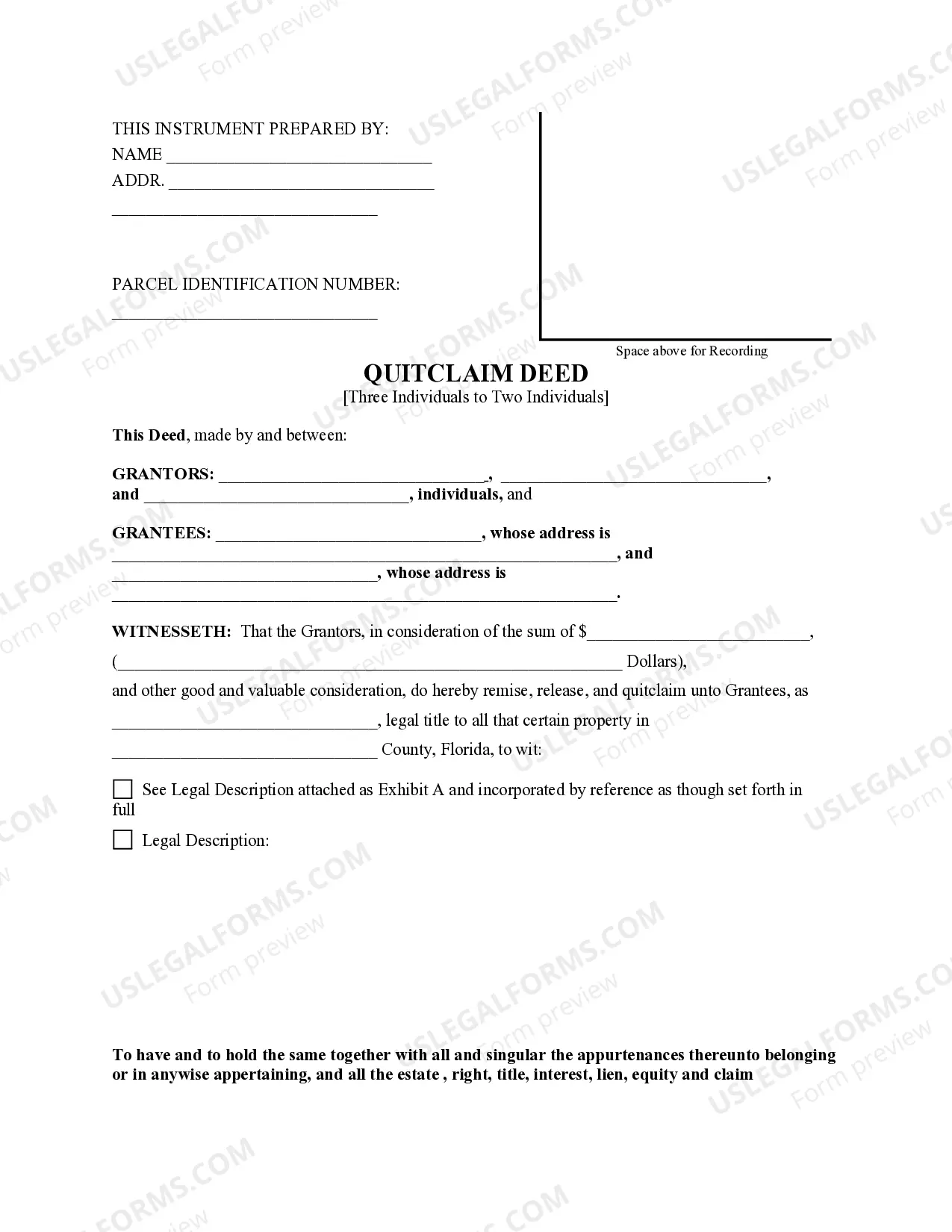Preview Quitclaim Deed - Three Individuals to Two Individuals