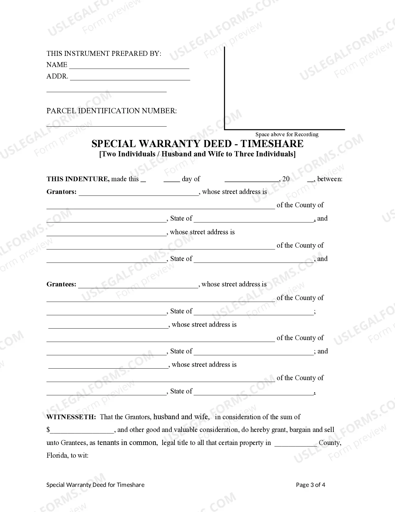 Preview Special Warranty Deed for a Timeshare - Husband and Wife / Two Individuals to Three Individuals