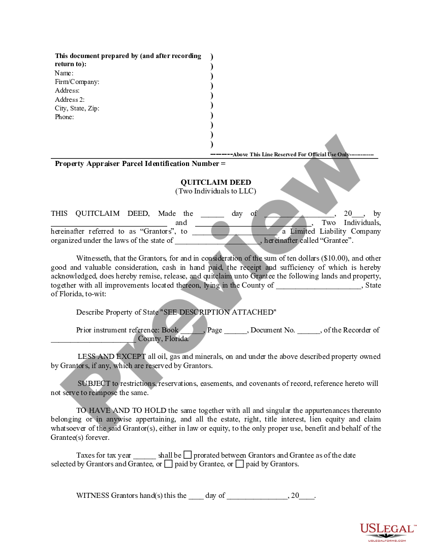 Florida Quitclaim Deed By Two Individuals To Llc Limited Liability Company Us Legal Forms 9675