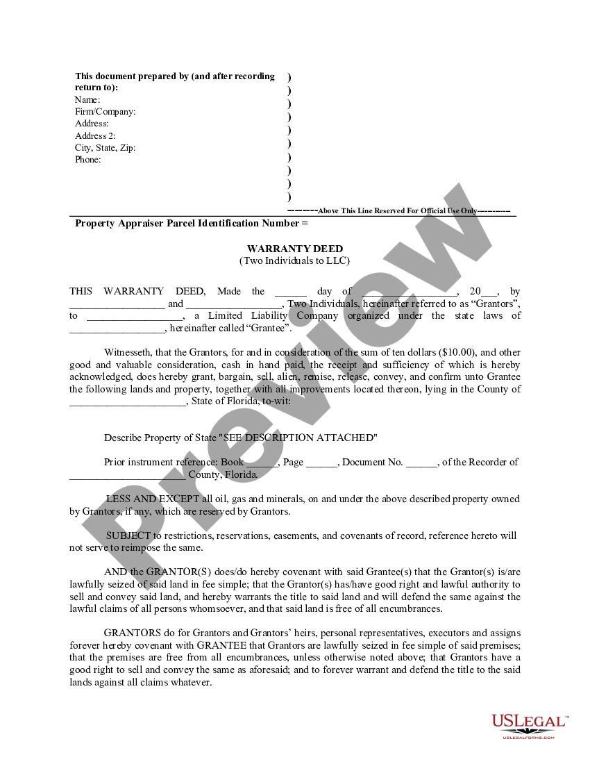 Jacksonville Florida Warranty Deed from two Individuals to LLC ...