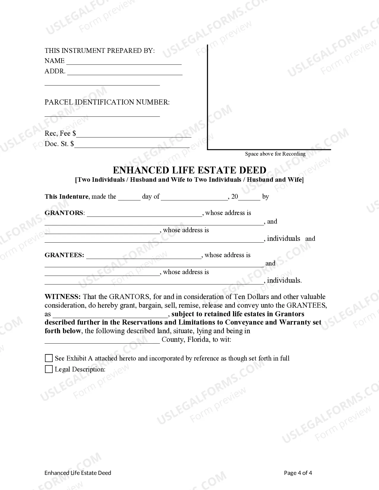 Preview Enhanced Life Estate or Lady Bird Deed - Two Individuals / Husband and Wife to Two Individuals / Husband and Wife