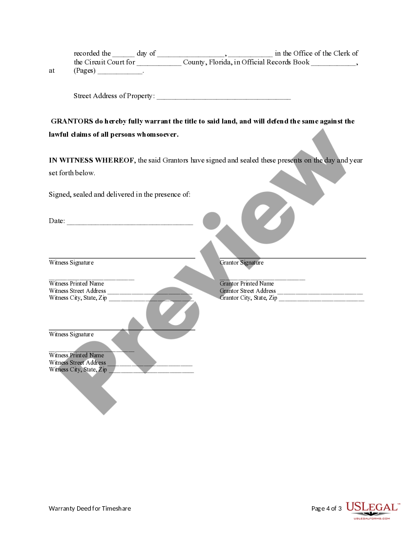 Florida Warranty Deed for a Timeshare What Does A Timeshare Deed Look