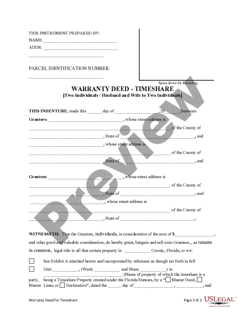 Preview Warranty Deed for a Timeshare - Husband and Wife / Two Individuals to Two Individuals