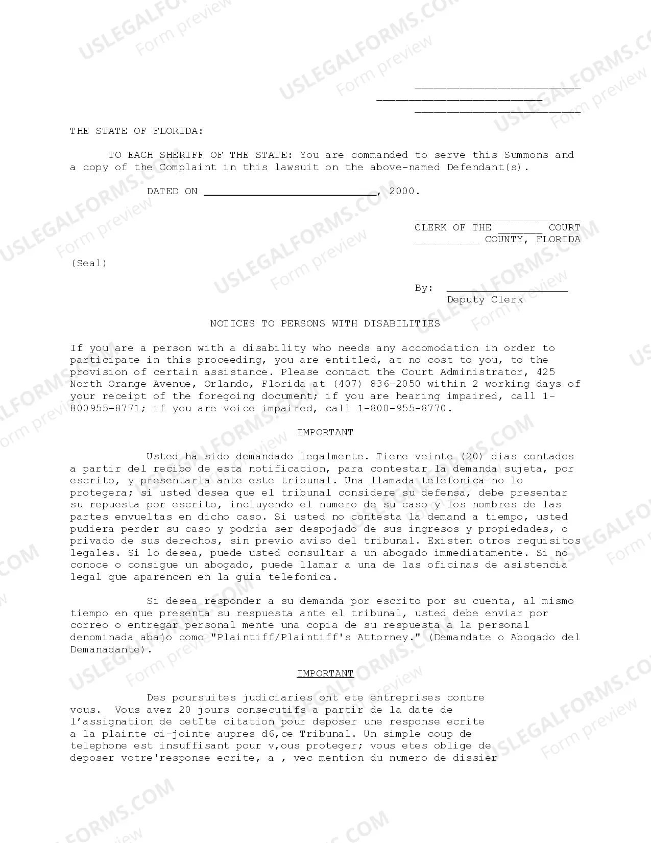 Preview Individual Summons - Circuit Court - Orange County, Florida