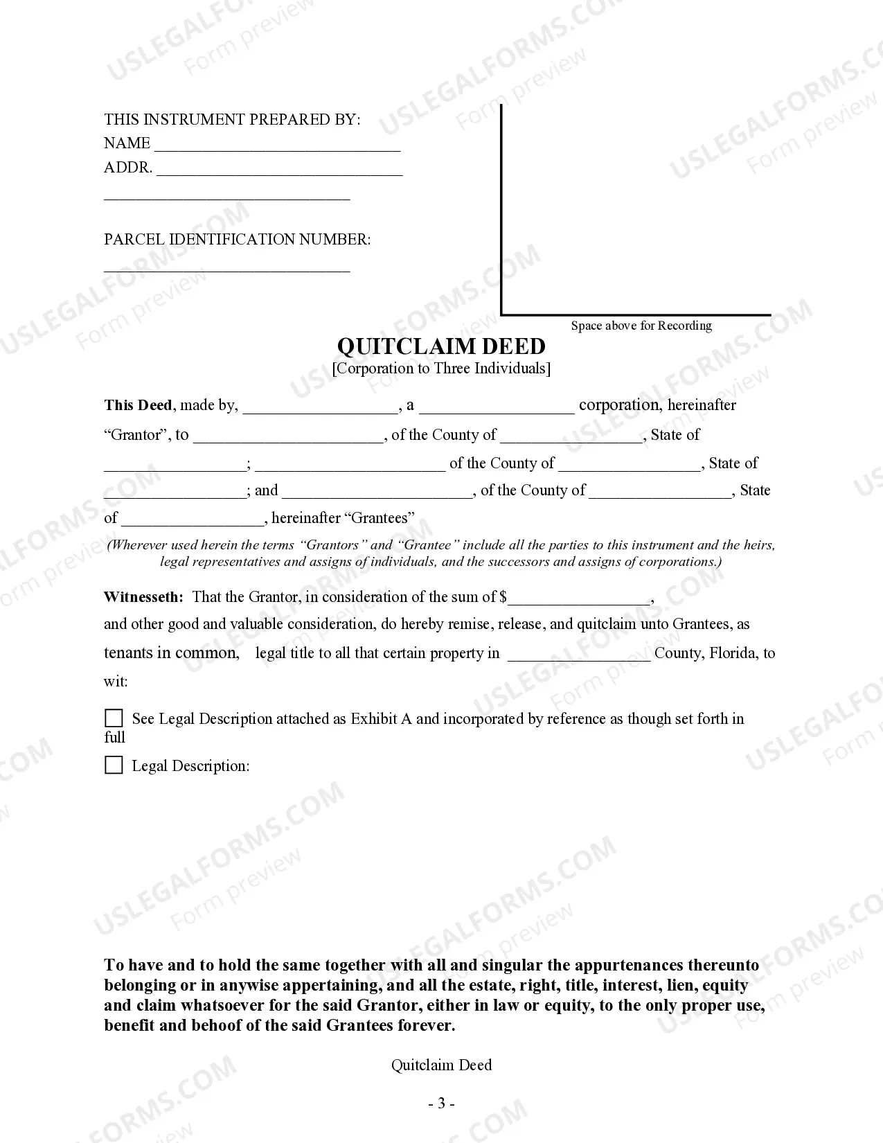 Preview Quitclaim Deed - Corporation to Three Individuals