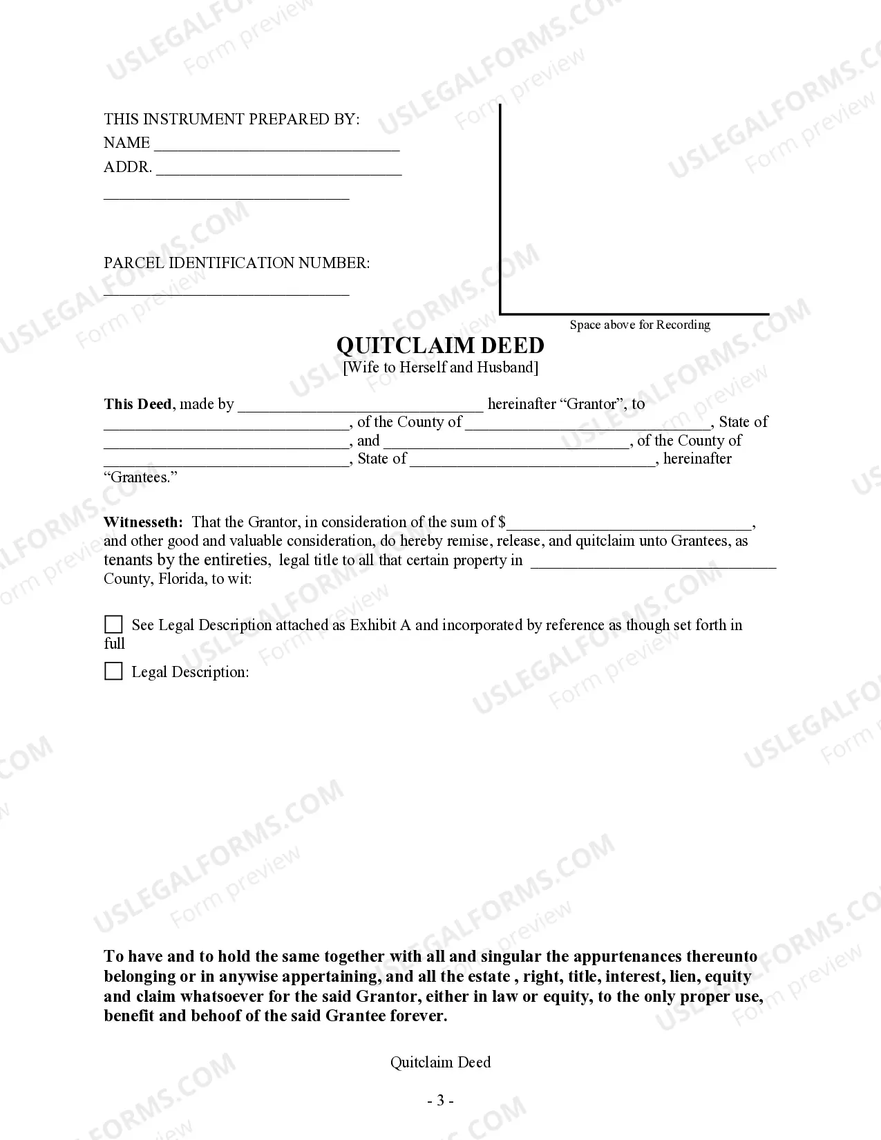 Preview Quitclaim Deed - Wife to Herself and Husband