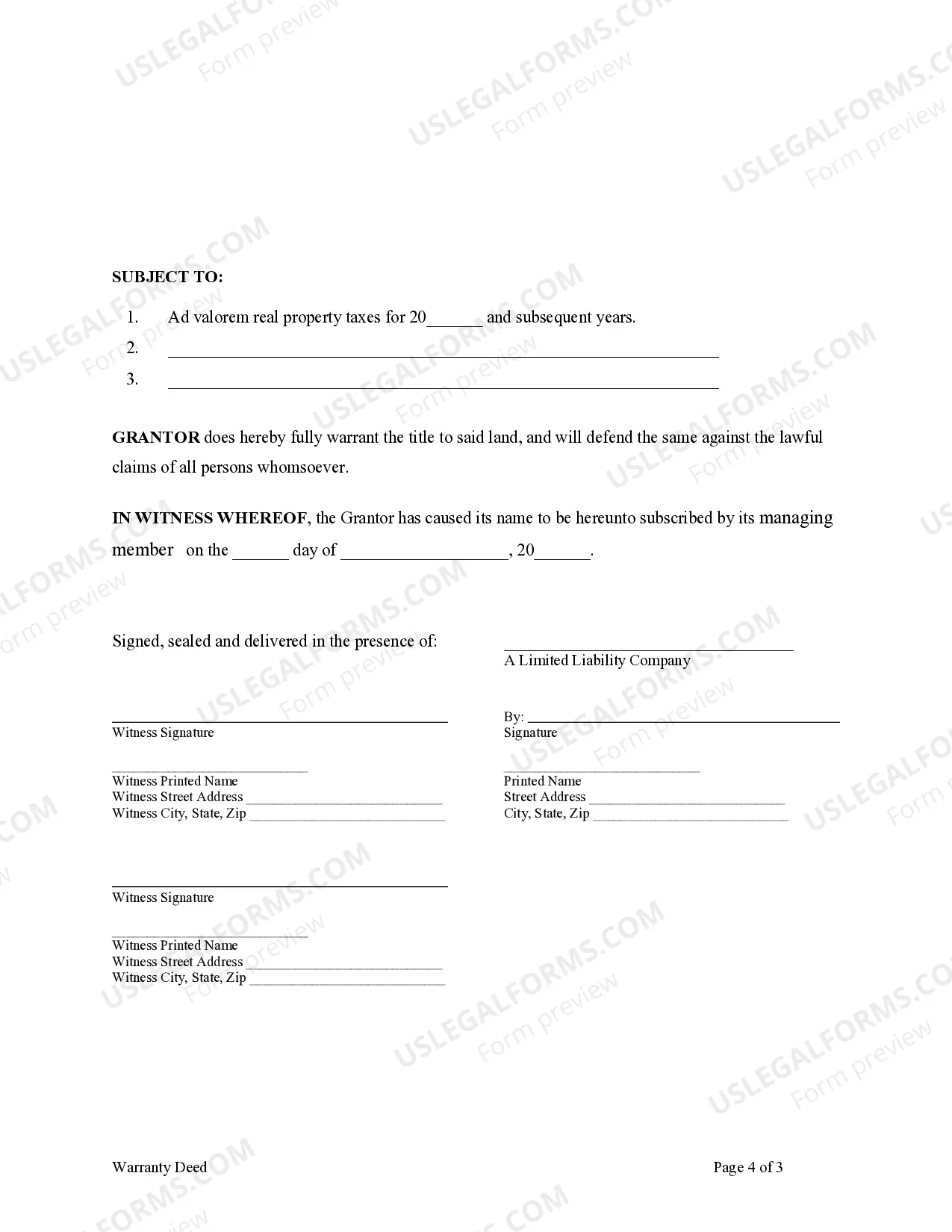 Preview Warranty Deed from a Limited Liability Company to a Limited Liability Company.