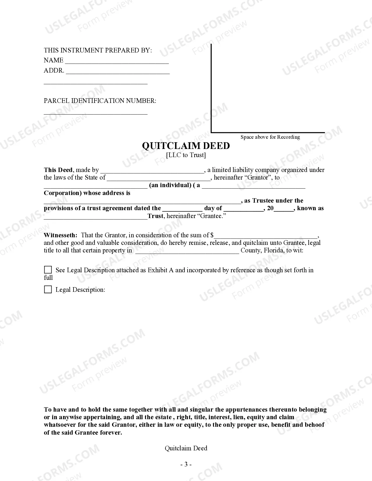Preview Quitclaim Deed - Limited Liability Company to Trust