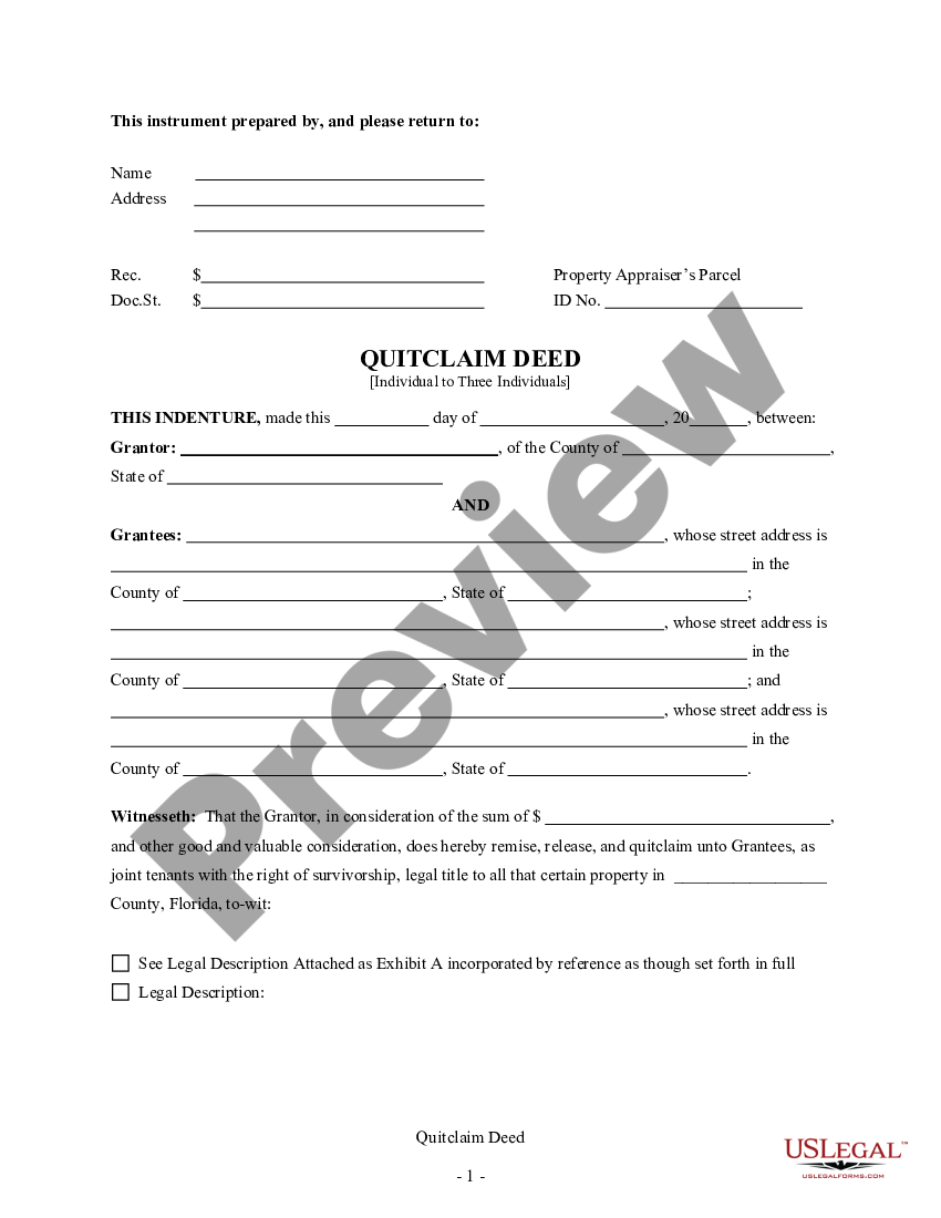 West Palm Beach Florida Quitclaim Deed from Individual Grantor to Three