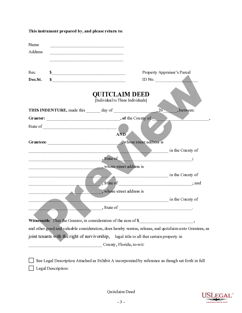 Preview Quitclaim Deed from Individual Grantor to Three Individual Grantees