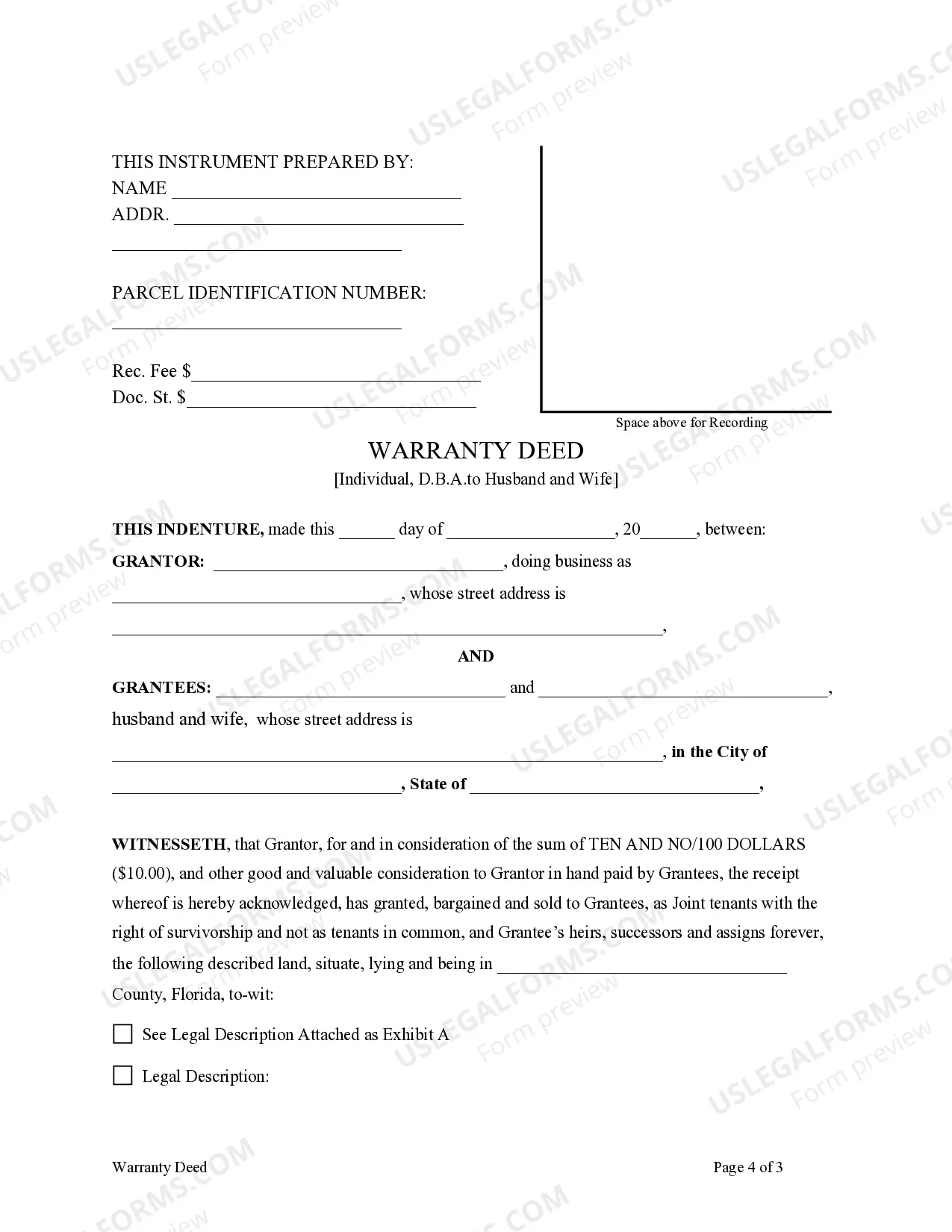 Preview Warranty Deed - Individual, d.b.a. to Husband and Wife