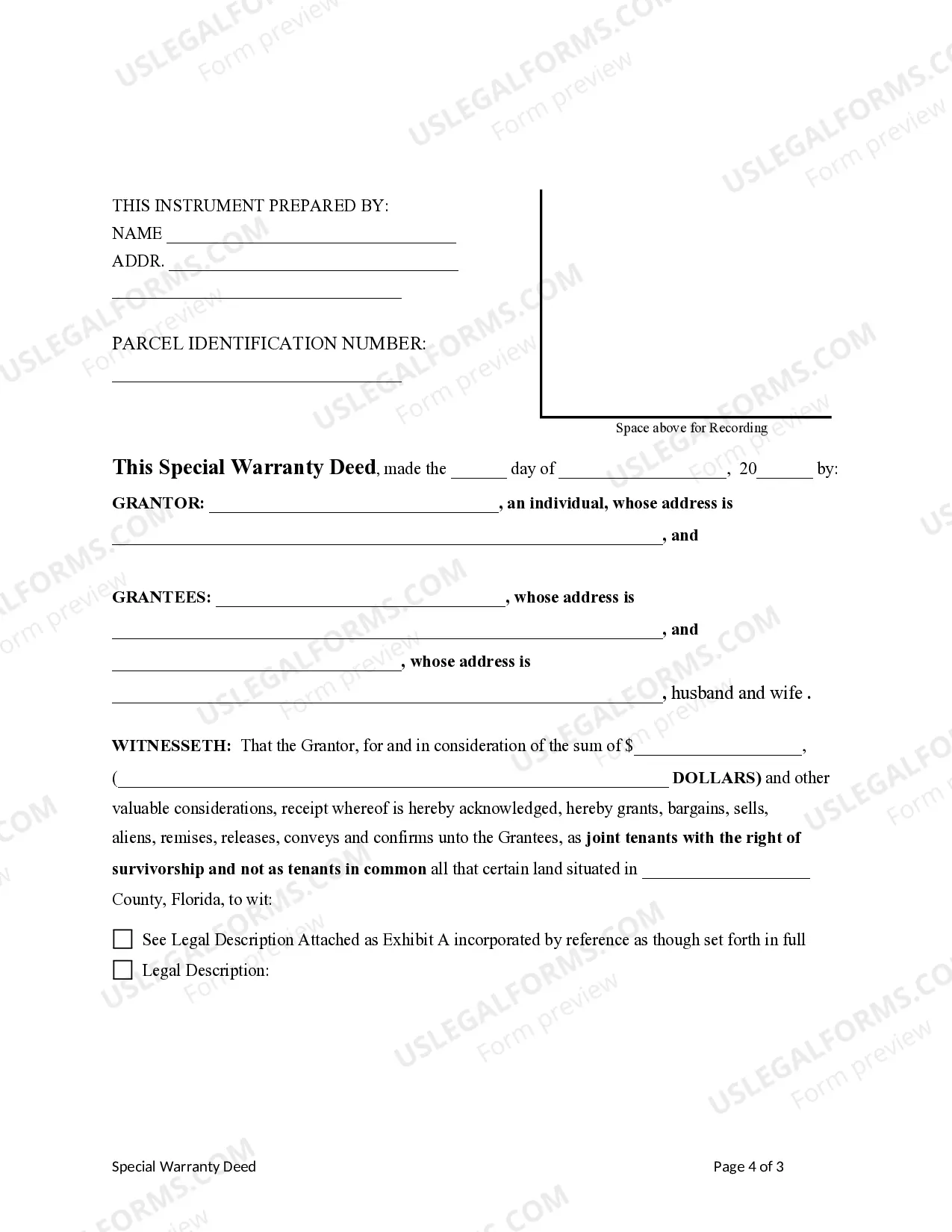 Preview Special Warranty Deed from an Individual to Two Individuals / Husband and Wife