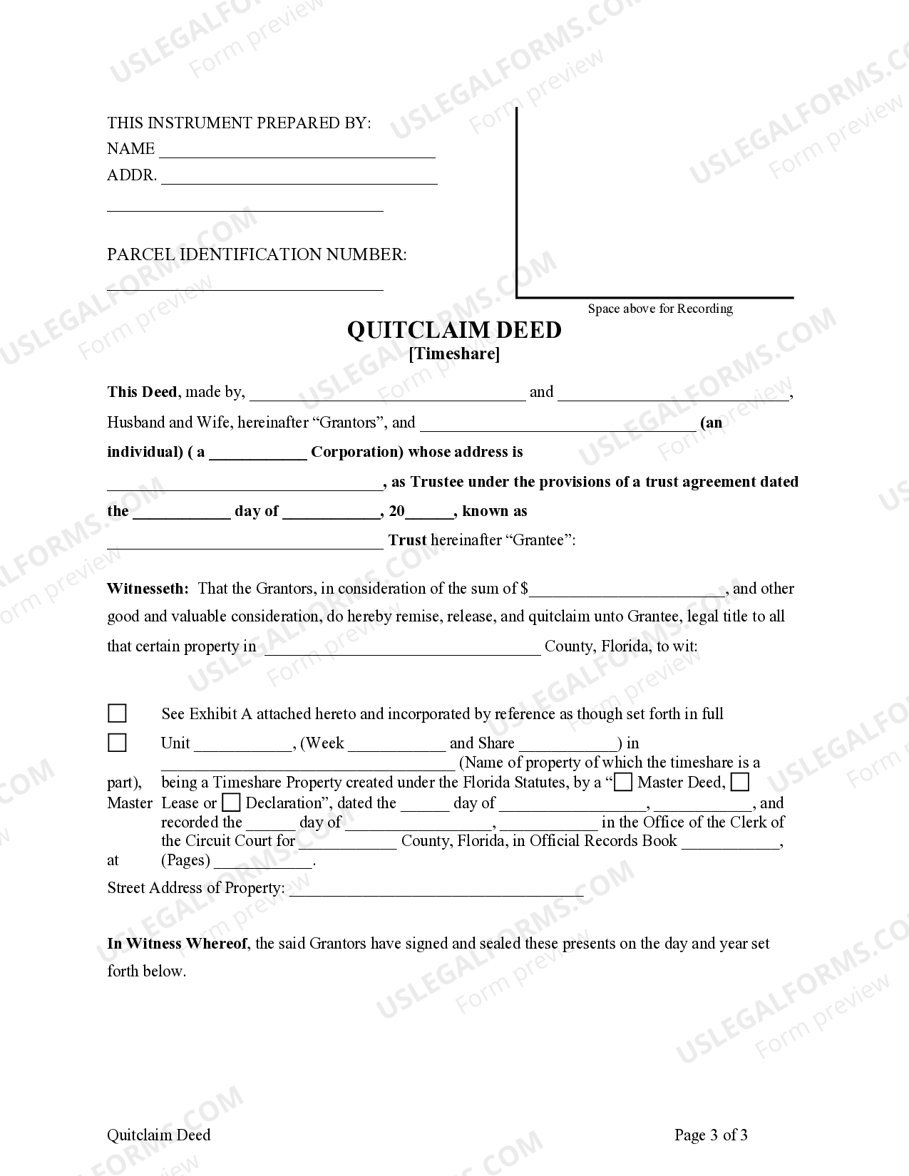 Cape Coral Florida Timeshare Quitclaim Deed Husband and Wife to Trust