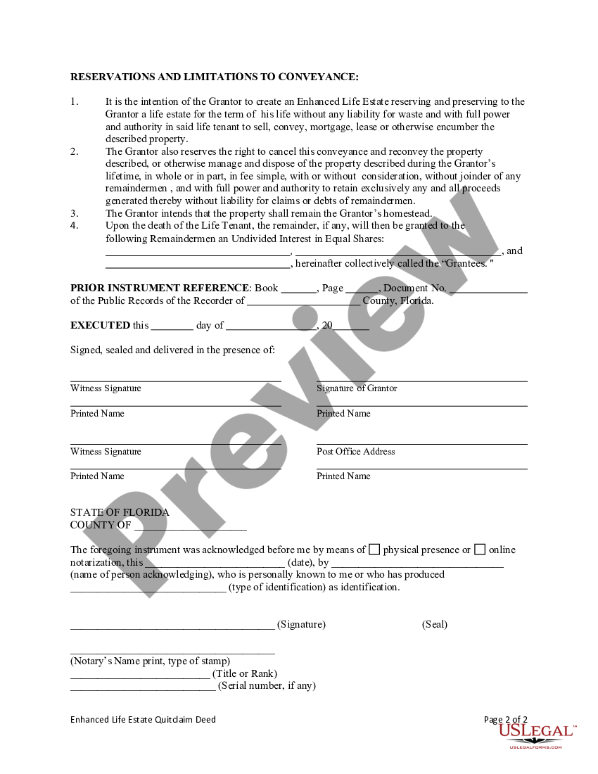 Florida Enhanced Life Estate or Lady Bird Deed - Quitclaim - Lady Bird ...