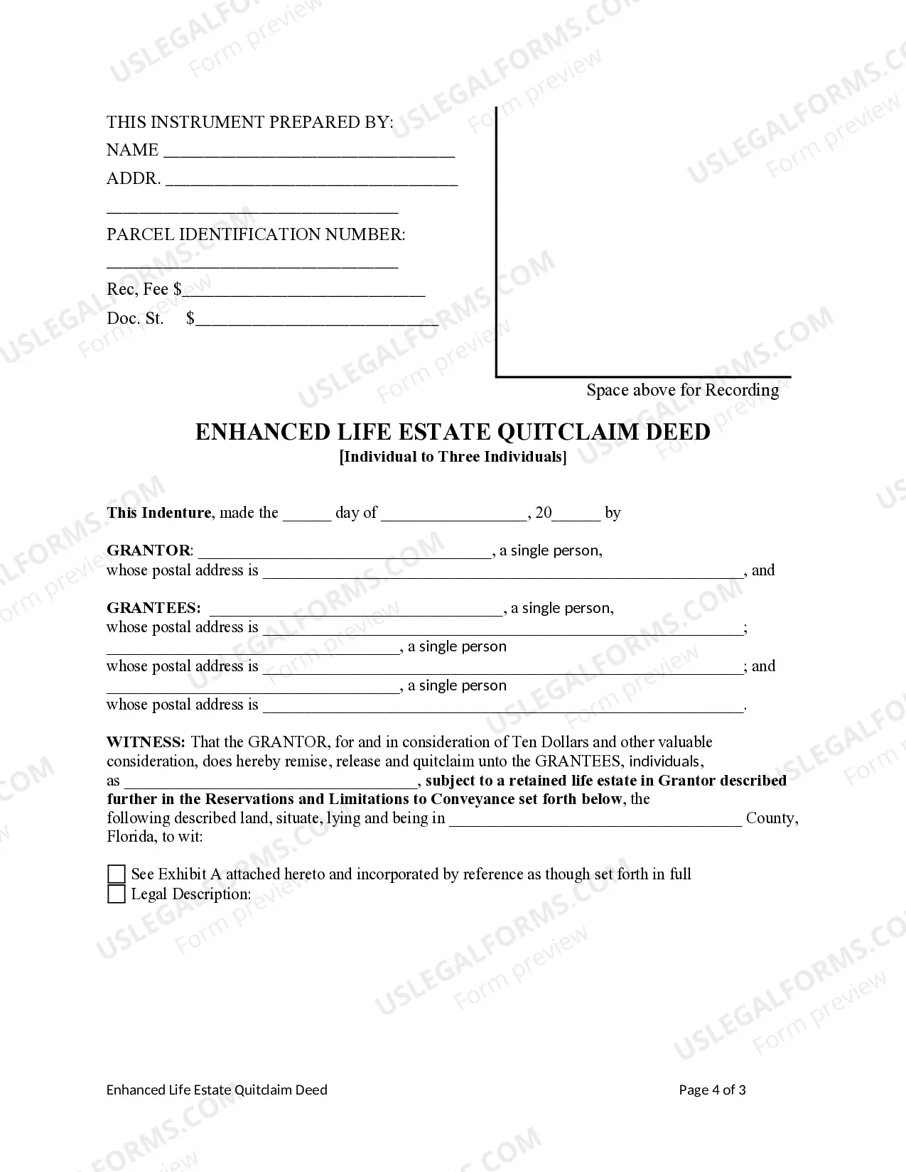 Preview Enhanced Life Estate or Lady Bird Deed - Quitclaim - Individual to Three Individuals