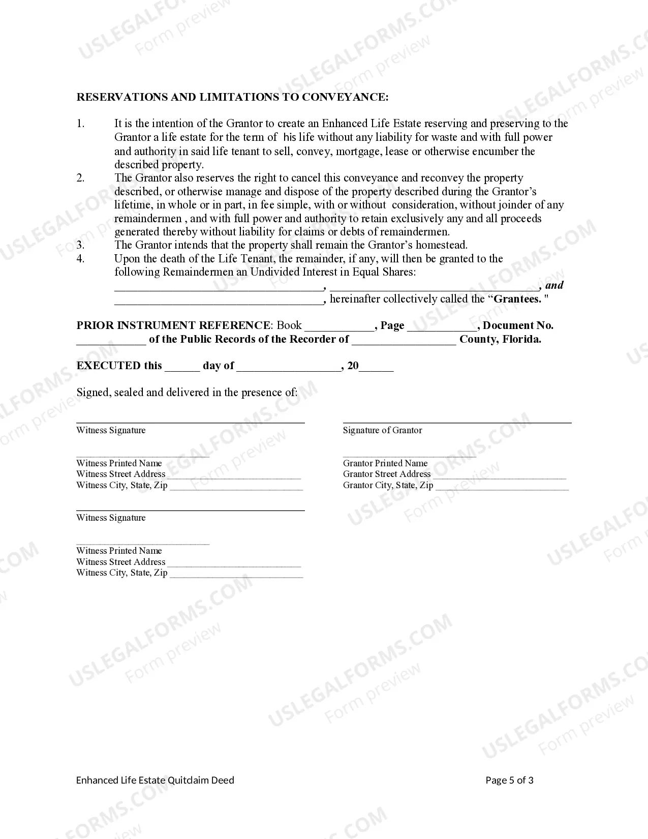 Preview Enhanced Life Estate or Lady Bird Deed - Quitclaim - Individual to Three Individuals