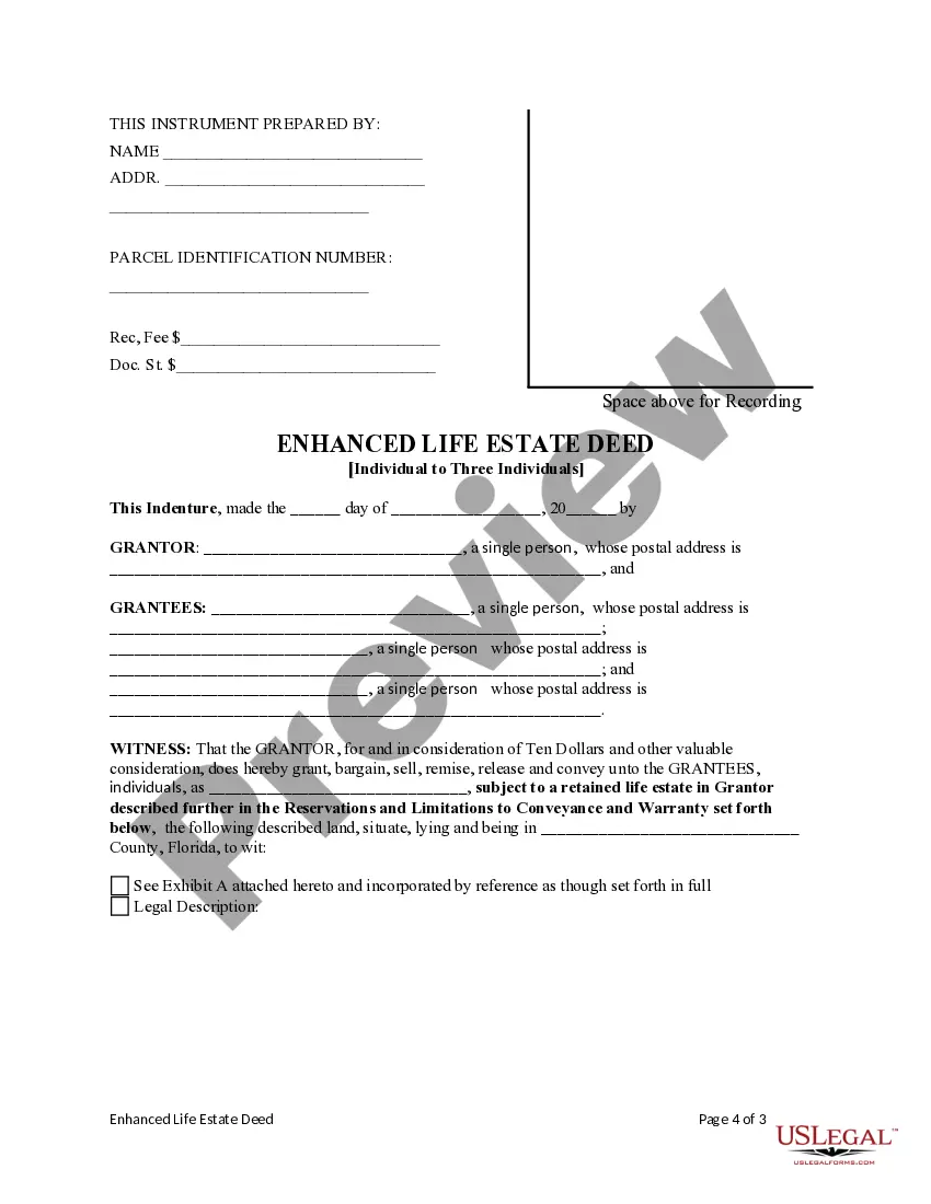 Preview Enhanced Life Estate or Lady Bird Deed - An Individual to Three Individuals