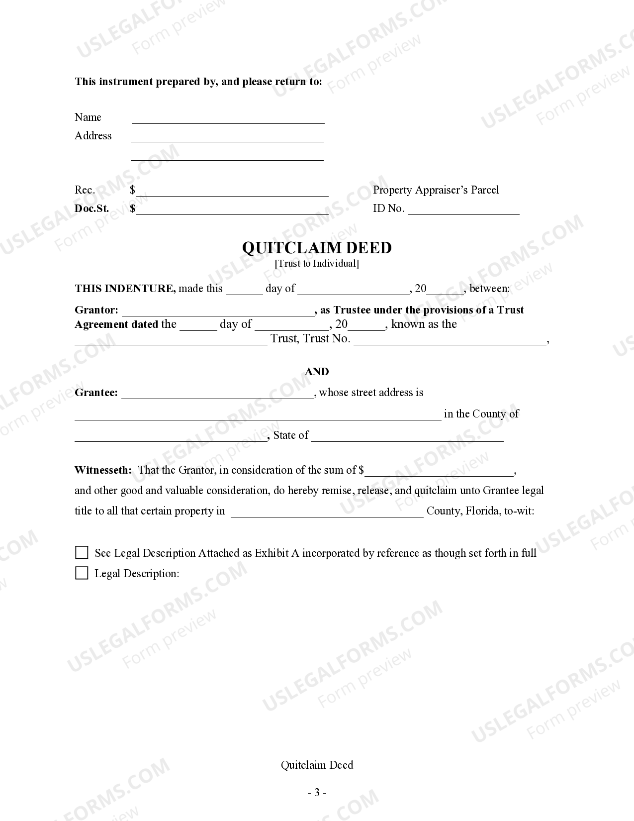 Florida Quitclaim Deed from a Trust to an Individual Quitclaim Deed
