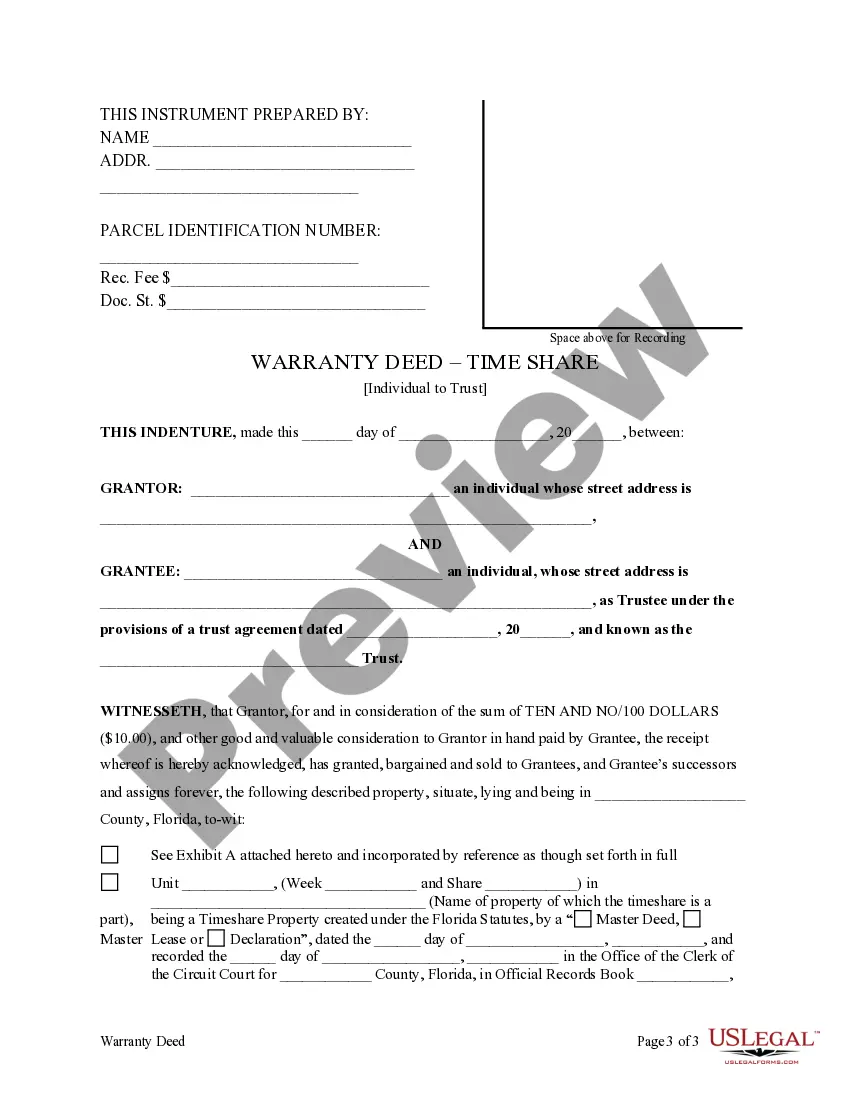 Preview Warranty Deed for a Time Share from an Individual to a Trust