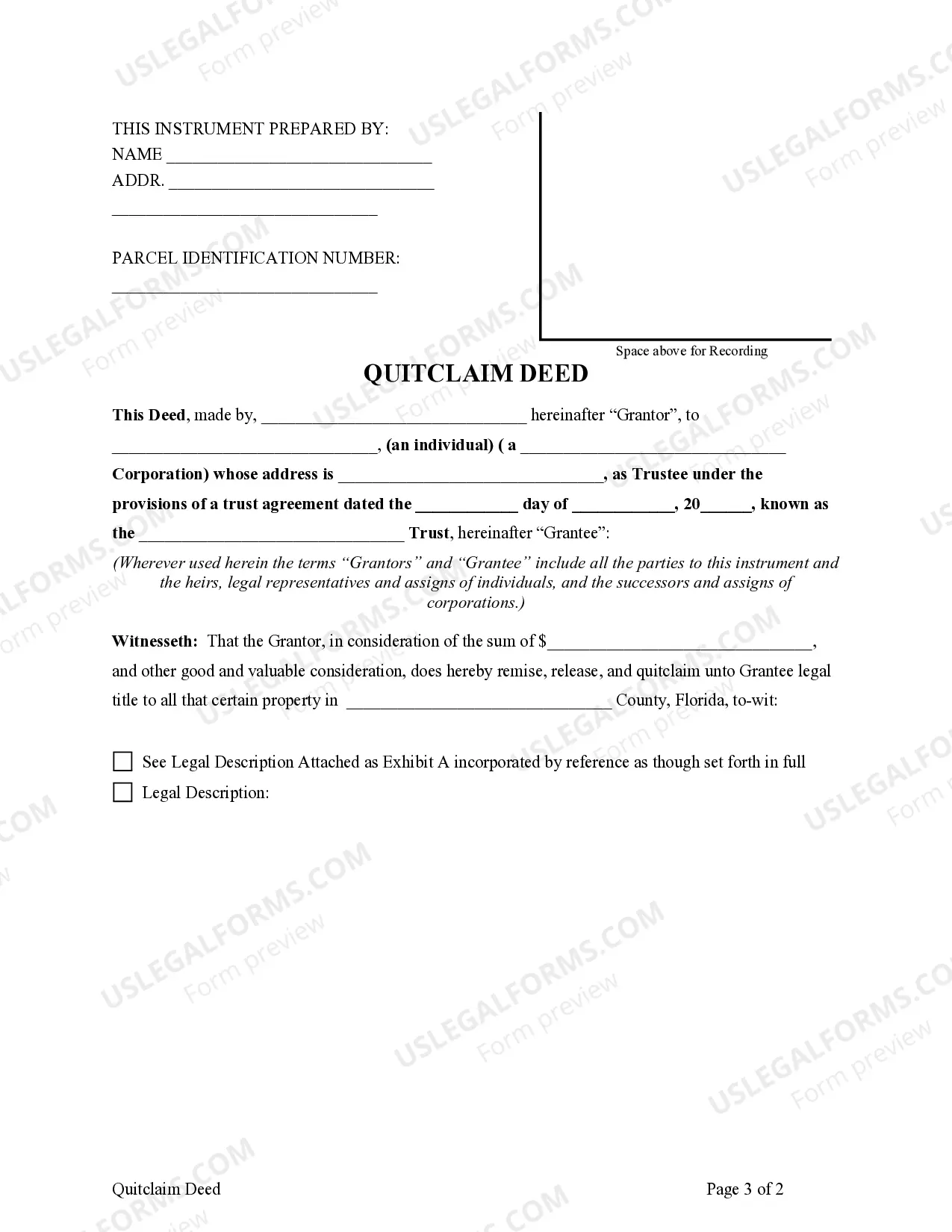 Preview Quitclaim Deed - Individual to a Trust