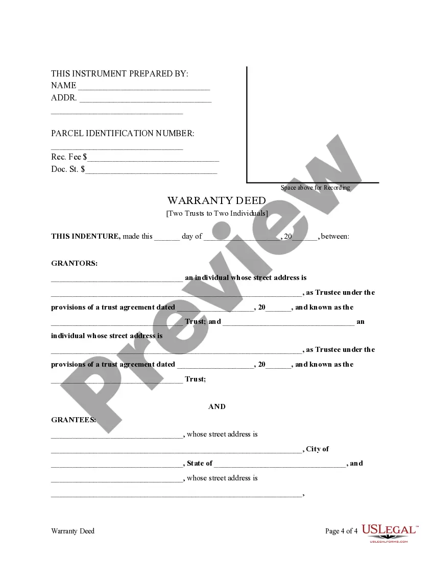 Get Warranty Deed from Two Trusts (Concurrent Owners) to Two Individuals Preview Warranty Deed from Two Trusts (Concurrent Owners) to Two Individuals