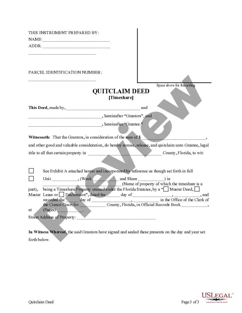 Preview Quitclaim Deed for a Timeshare - Two Individuals to One Individual