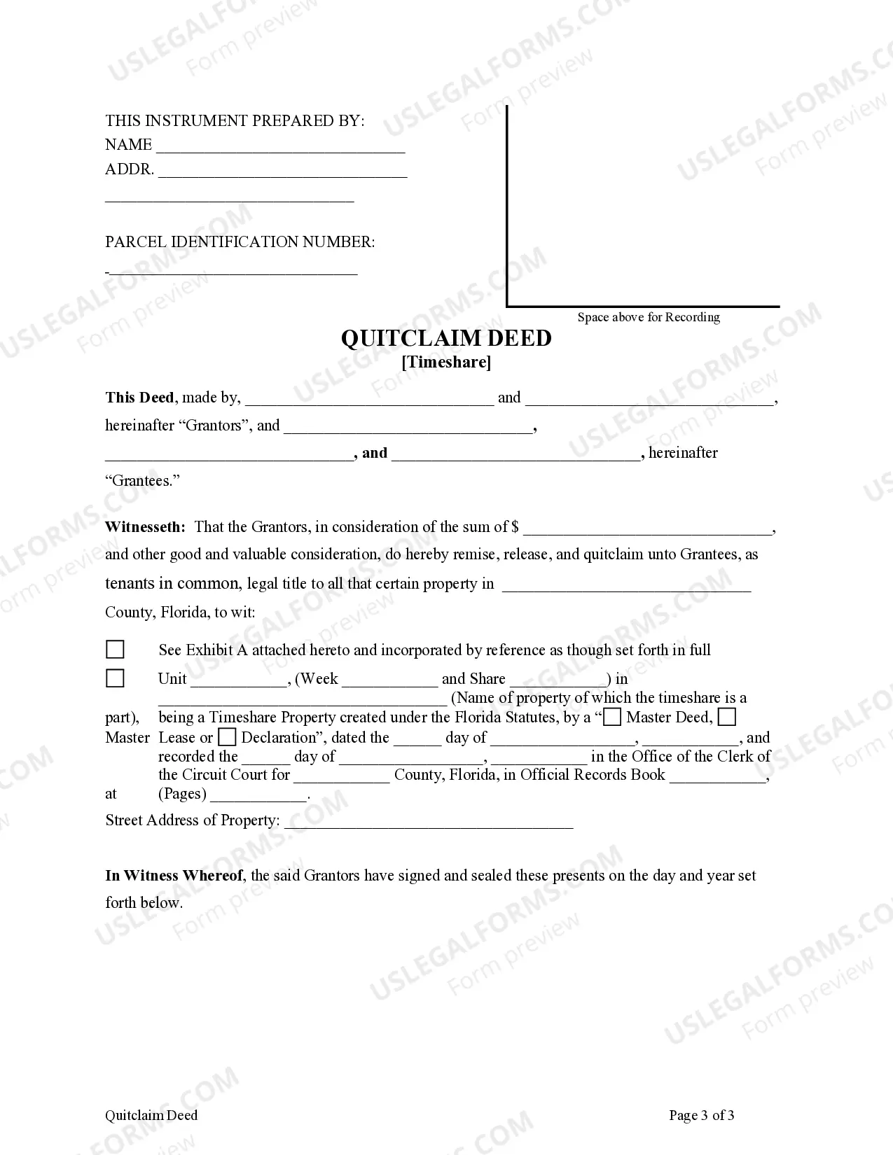 Preview Quitclaim Deed - Timeshare - Two Individual Grantors to Three Individual Grantees
