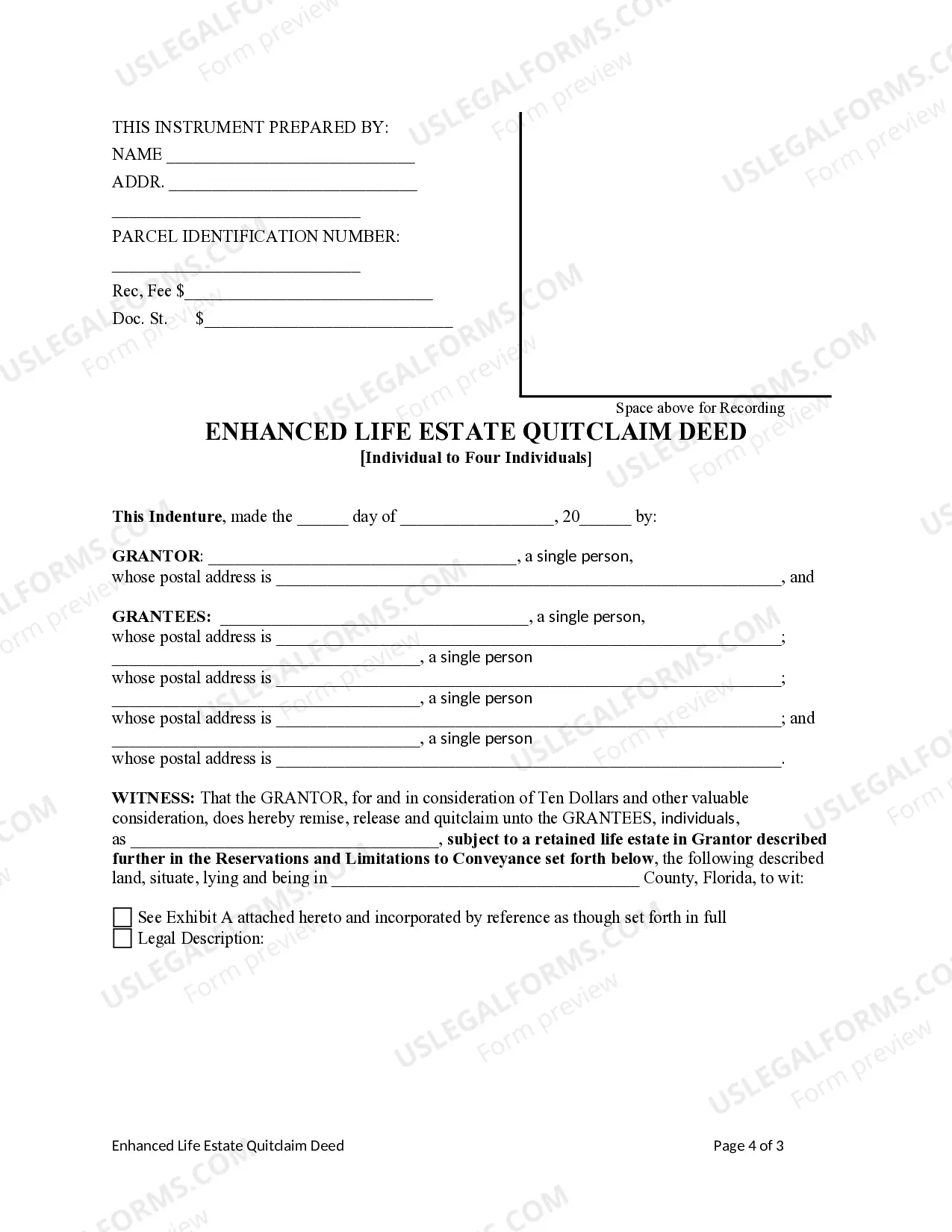 Preview Enhanced Life Estate or Lady Bird Deed - Quitclaim - Individual to Four Individuals