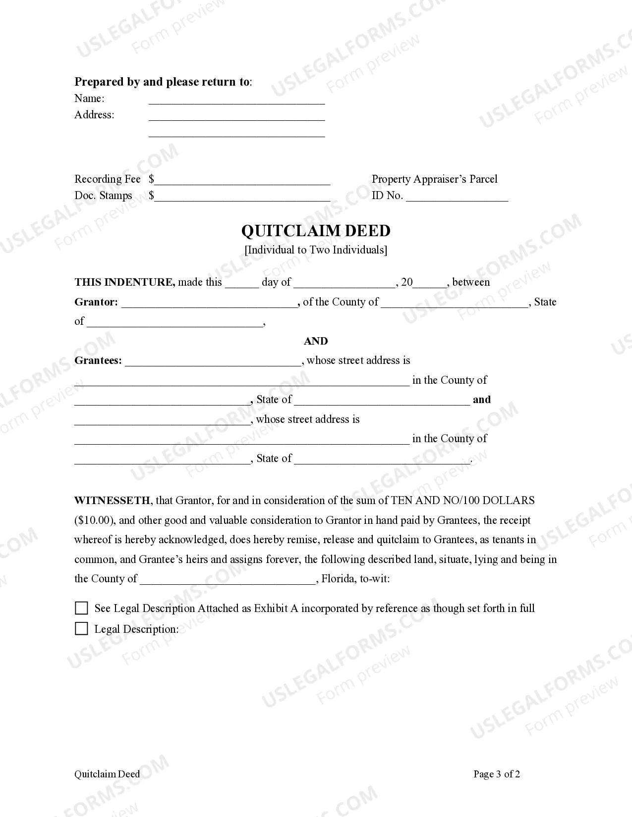 Preview Quitclaim Deed - Individual to Two Individuals as Tenants in Common