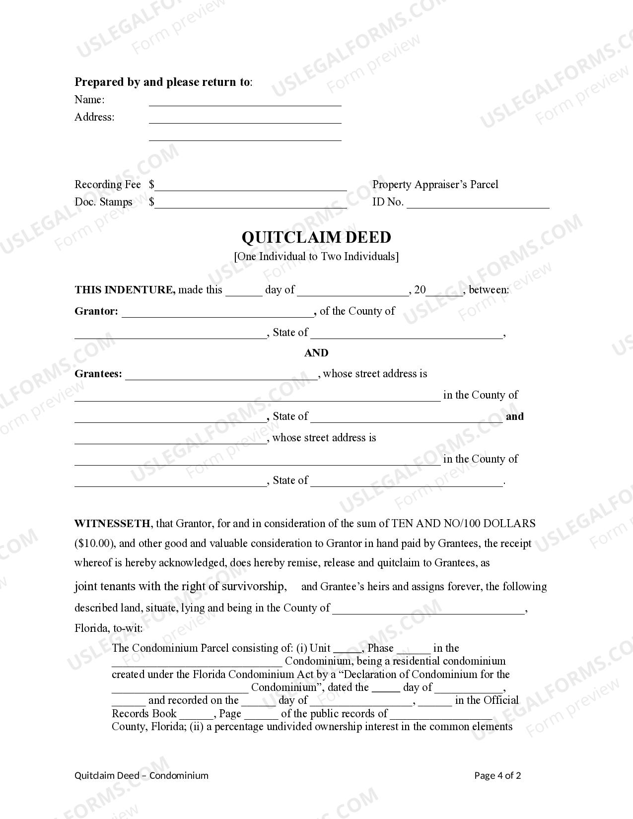 Florida Quitclaim Deed for Condominium - Florida Quitclaim Deed | US Legal  Forms
