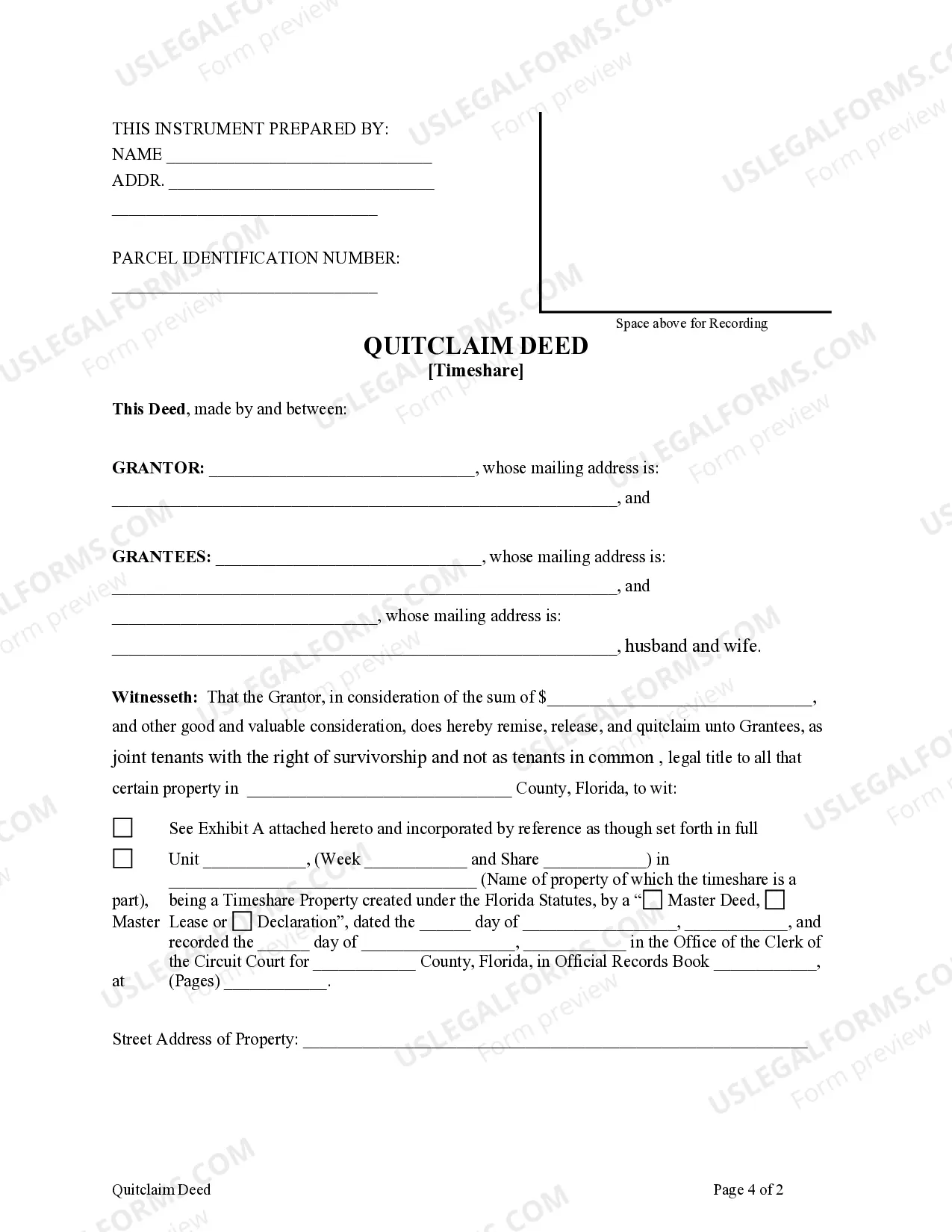 Preview Quitclaim Deed - Timeshare - Individual to Two Individuals / Husband and Wife