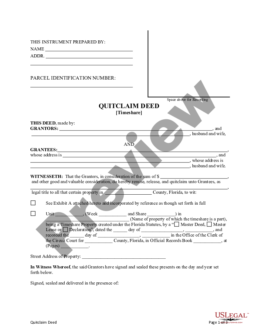 Florida Quitclaim Deed For A Time Share From Husband And Wife To Husband And Wife Quitclaim 8250