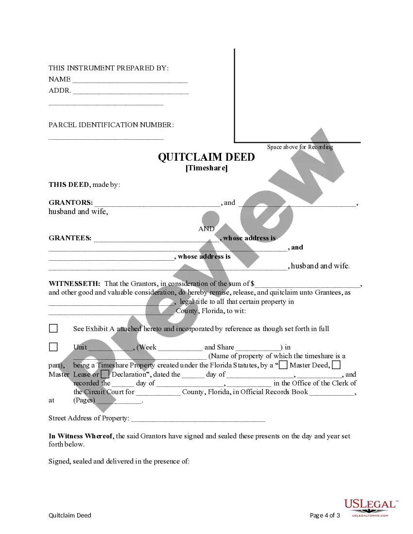 Preview Quitclaim Deed for a Time Share from Husband and Wife to Husband and Wife