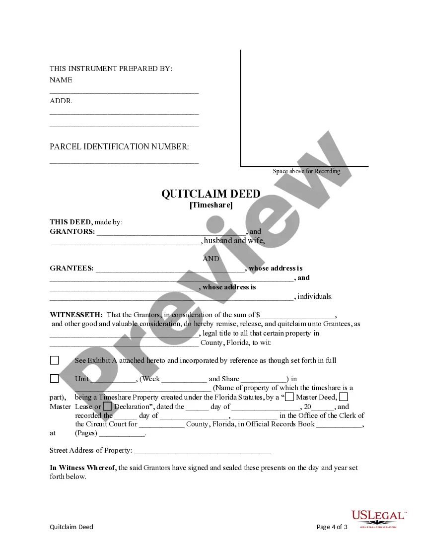 Preview Quitclaim Deed for a Timeshare from Husband and Wife to Two Individuals