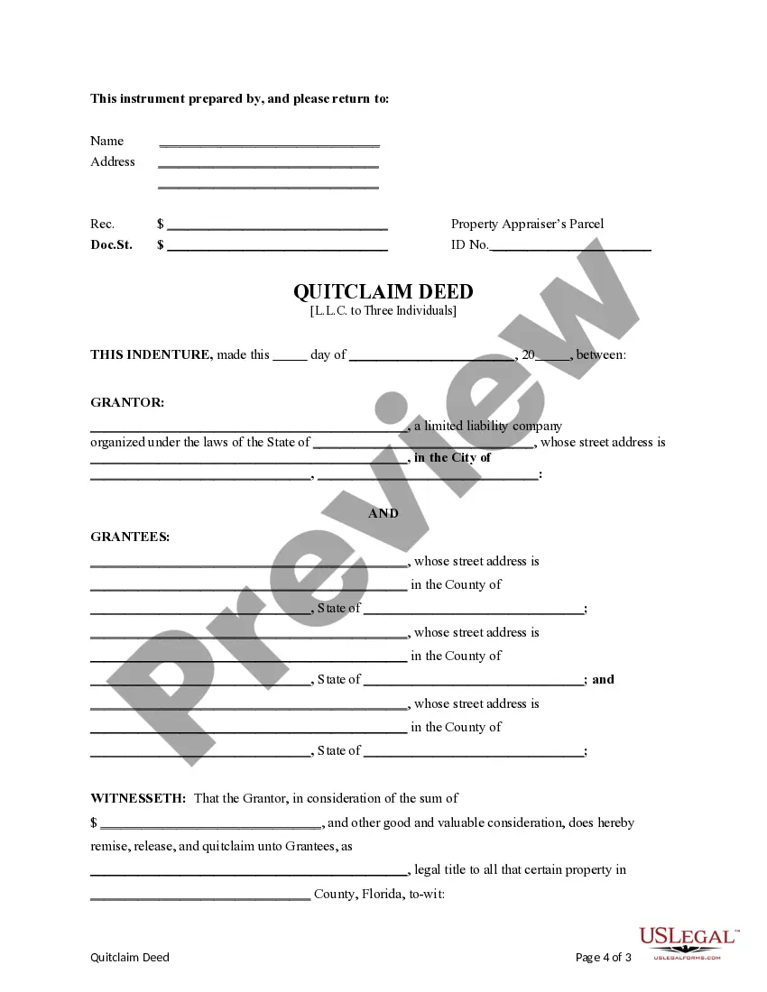 Preview Quitclaim Deed from a Limited Liability Company to Three Individuals