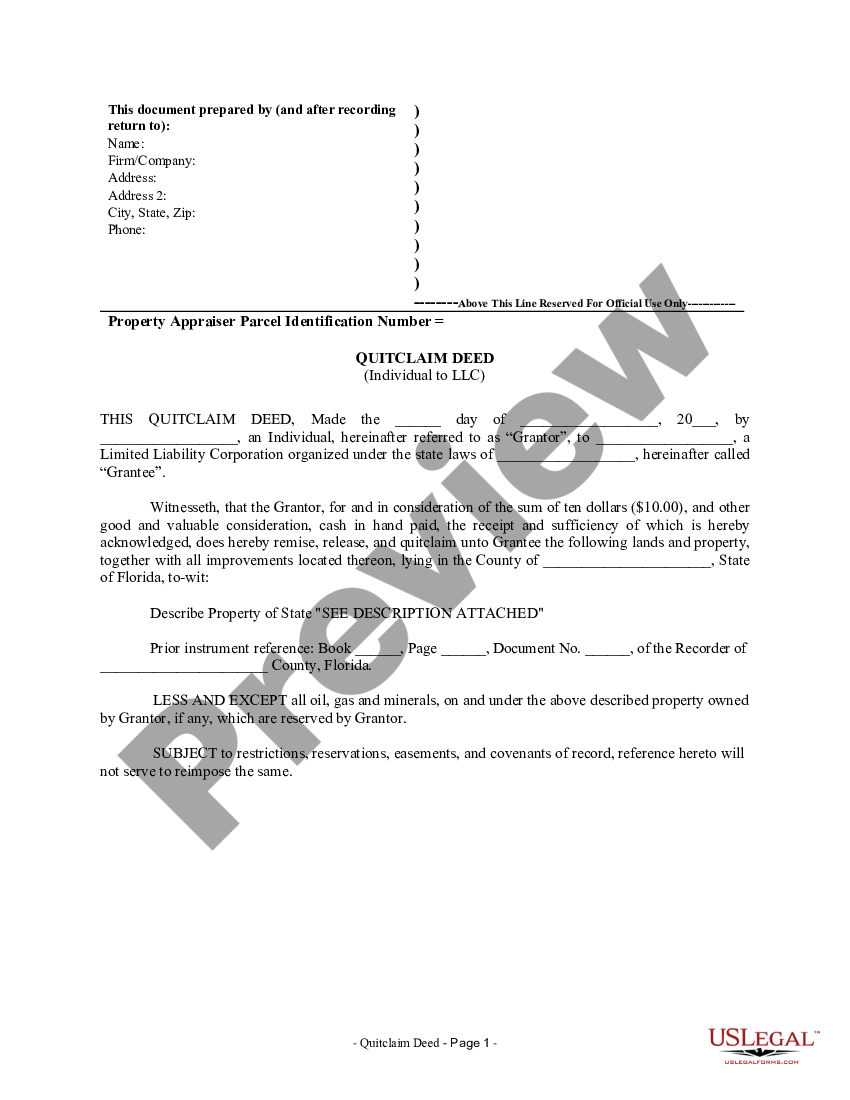 Lakeland Florida Quitclaim Deed From Individual To Llc Quitclaim Us Legal Forms 9806