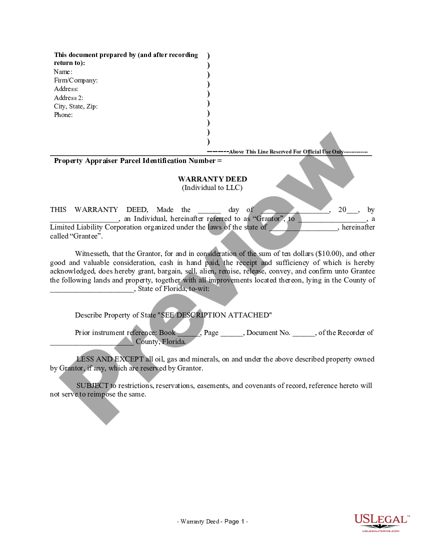 Florida Warranty Deed From Individual To Llc Warranty Deed Florida Us Legal Forms 