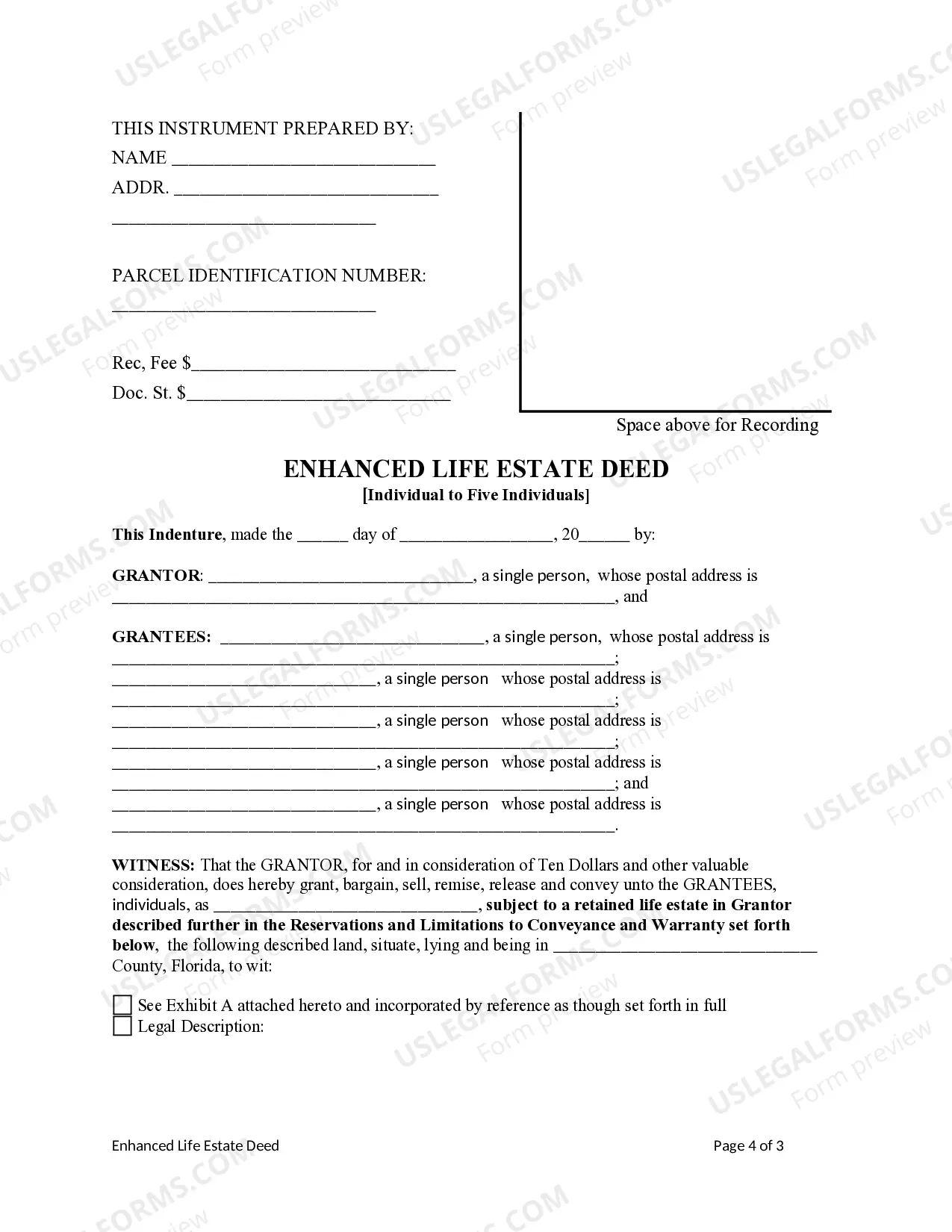 Preview Enhanced Life Estate or Lady Bird Deed - An Individual to Five Individuals