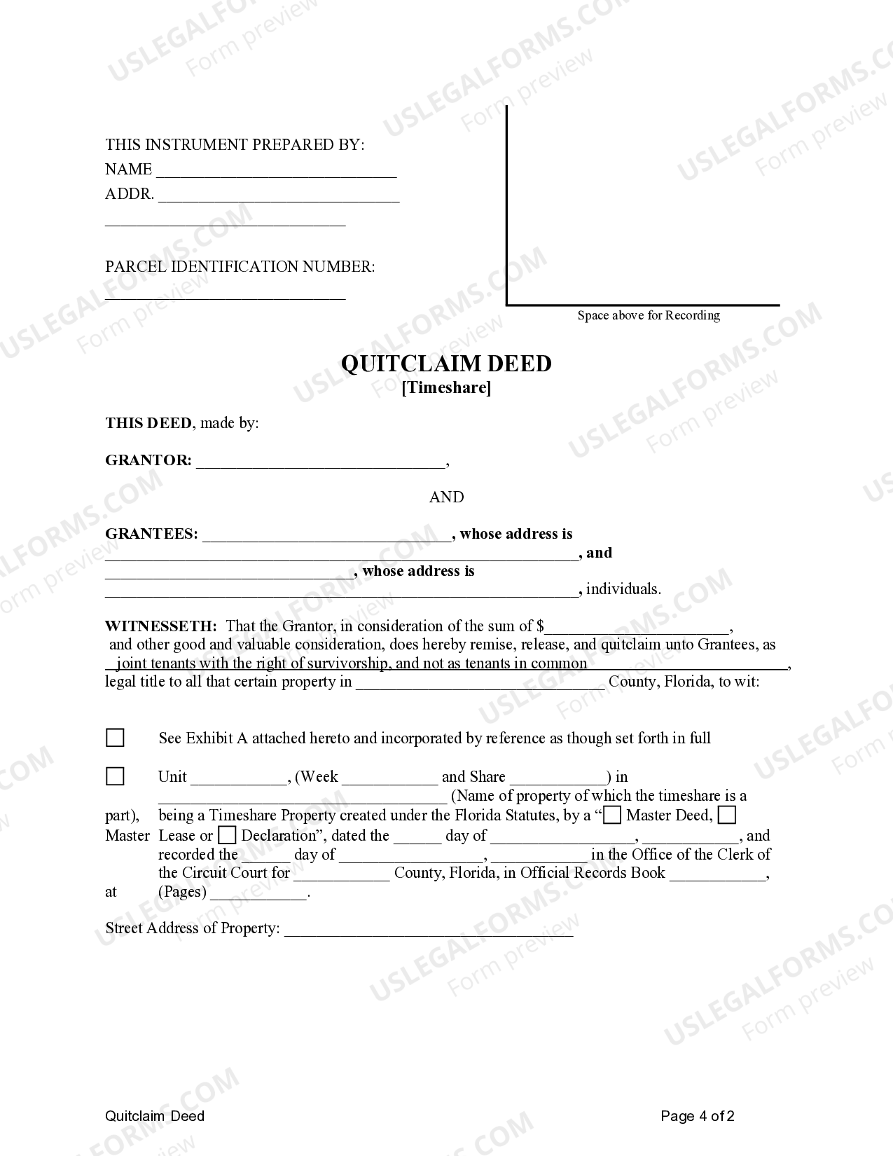 Tampa Florida Quitclaim Deed for Timeshare from an Individual to Two