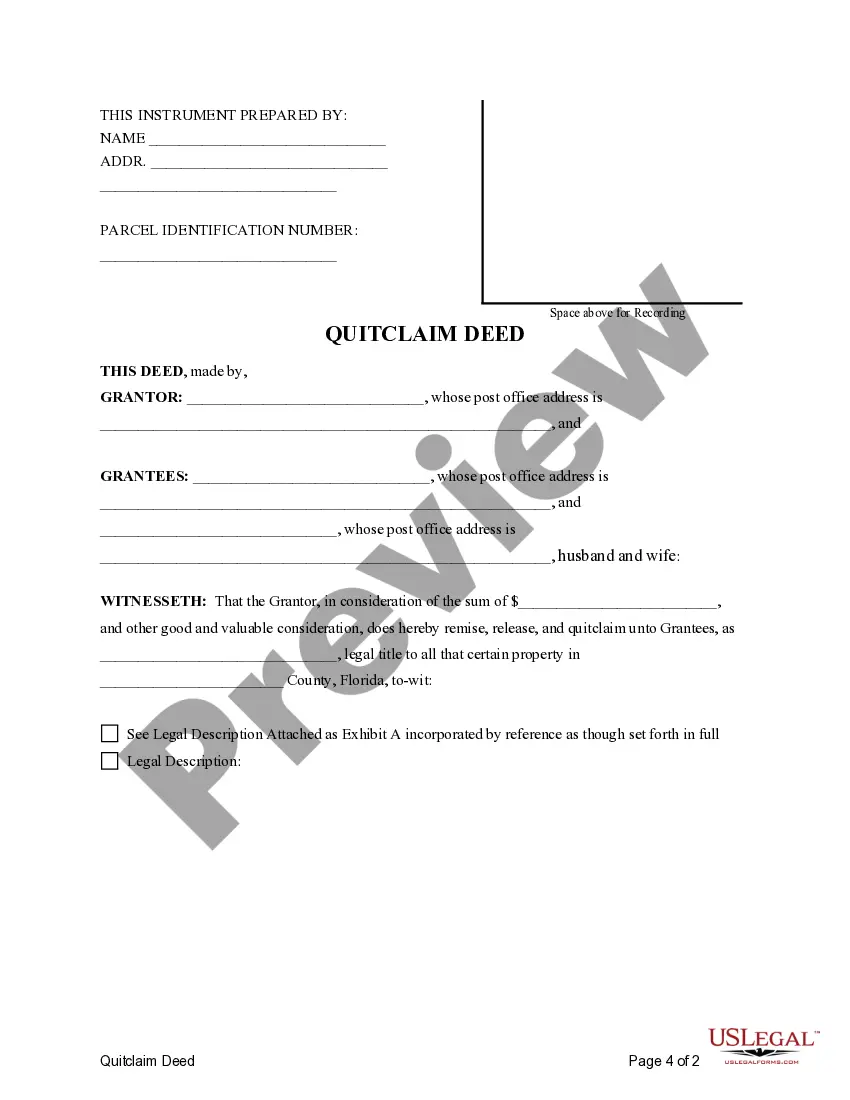 Preview Quitclaim Deed - One Individual to Two Individuals / Husband and Wife - with Life Estate in an Individual