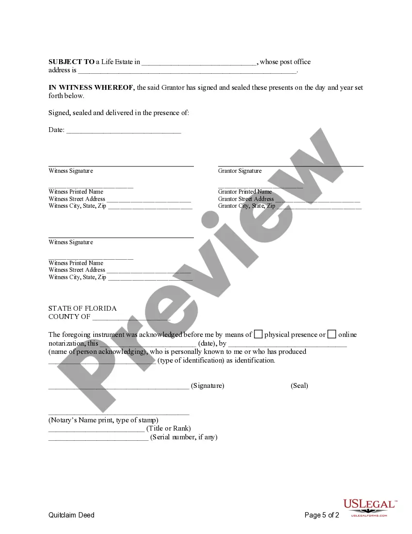 Preview Quitclaim Deed - One Individual to Two Individuals / Husband and Wife - with Life Estate in an Individual