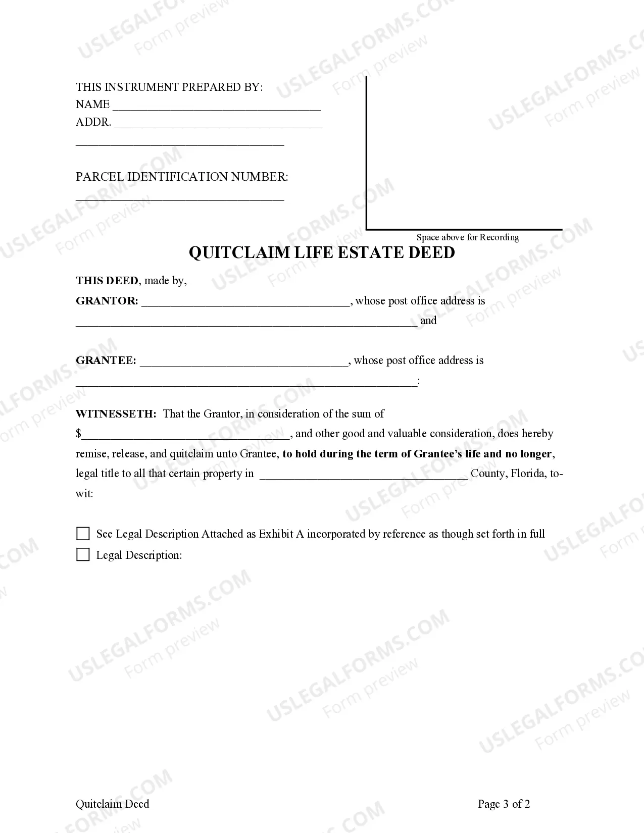 Preview Quitclaim Life Estate Deed - Individual to Individual